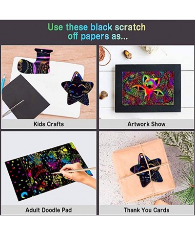 Scratch Art Set 50Pcs Rainbow Magic Scratch Paper Set for Kids Black Scratch Off Art Crafts Notes Boards Sheet with 5 Wooden ...