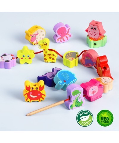 Montessori Educational Wooden Lacing Beads Toys for Toddler 3 4 5 Year Old Farm Animals Dinosaur Fish Threading Toys Preschoo...