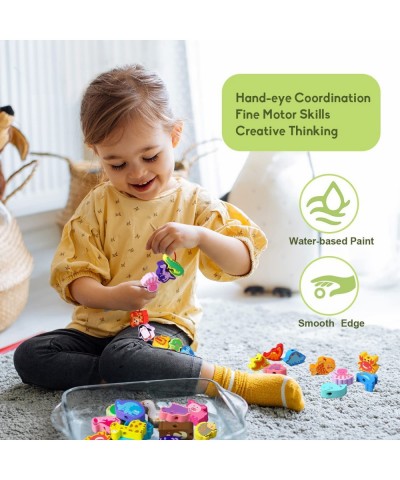 Montessori Educational Wooden Lacing Beads Toys for Toddler 3 4 5 Year Old Farm Animals Dinosaur Fish Threading Toys Preschoo...