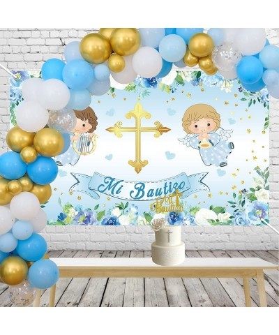 Mi Bautizo Decorations Set Baptism Party Supplies with Blue Mi Bautizo Backdrop Banner Blue Gold Balloon Garland for God Bles...