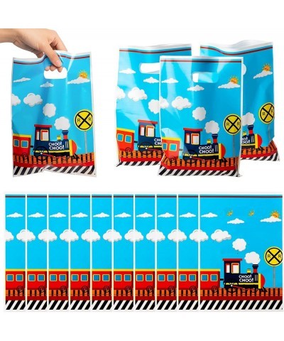 50Pcs Train Party Favor Bag Transportation Themed Waterproof Goodie Bag with Die Cut Handles Railway Traffic Glossy Plastic C...