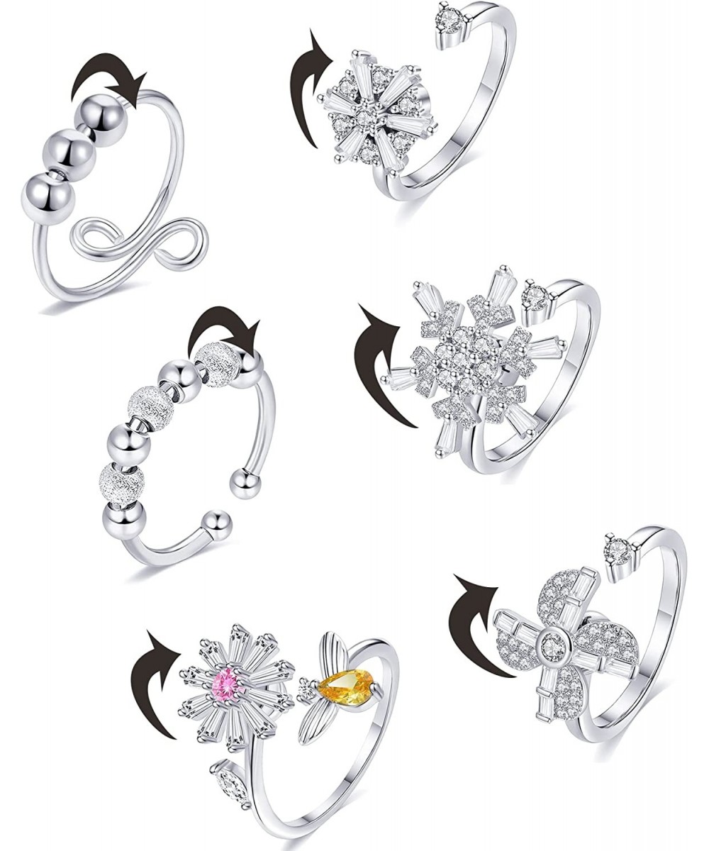 6Pcs Relieve Anxiety Rings CZ Beads Star Sunflower Snowflake Fidget Relief Spinner Adjustable Open Rings Set for Women Men St...